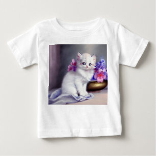 T-shirt Pour Bébé Kitten blanc vintage aux fleurs roses et violettes