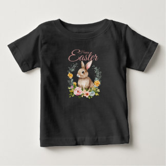 T-shirt Pour Bébé Lapin à l'aquarelle mignon Couronne florale de Pâq