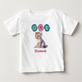 T-shirt Pour Bébé Leopard 1er anniversaire un avec nom vert rose (Devant)