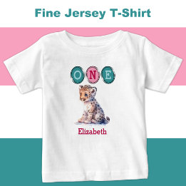 T-shirt Pour Bébé Leopard 1er anniversaire un avec nom vert rose