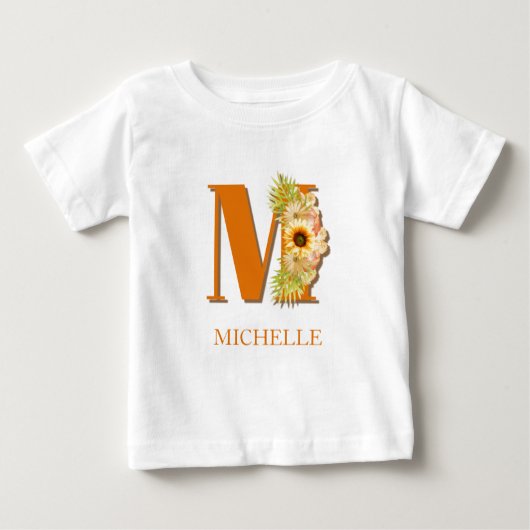 T-shirt Pour Bébé Lettre M Sunflower Monogramme floral avec nom (Devant)