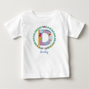 T-shirt Pour Bébé Lettres de fleurs Initiale "D" avec nom personnali