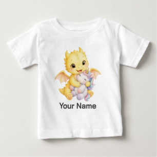 T-shirt Pour Bébé Licorne Dragon Aquarelle Jaune Personnalisée