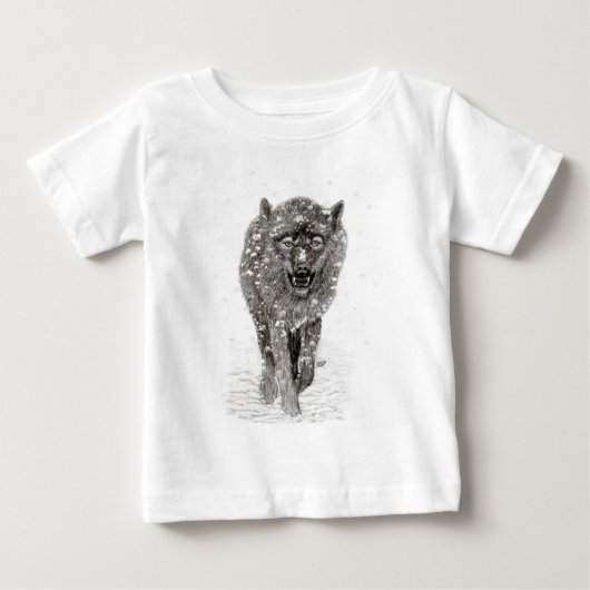 T-shirt Pour Bébé Loup noir en colère dans la neige, hiver sauvage (Devant)