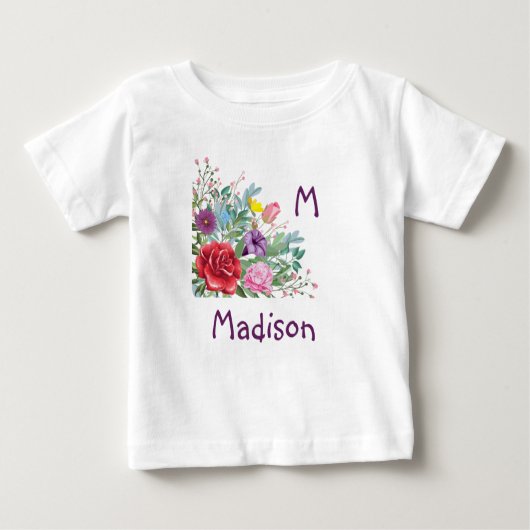 T-shirt Pour Bébé M Madison Personnaliser Nom initial, Fleurs Roses (Devant)