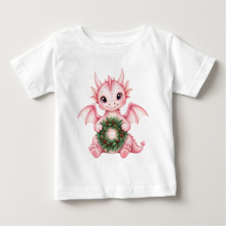 T-shirt Pour Bébé Mignon bébé dragon rose avec couronne de Noël pour