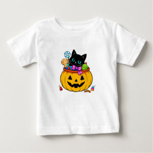 T-shirt Pour Bébé Mignon Chat Noir dans un Seau de Citrouille Hallow
