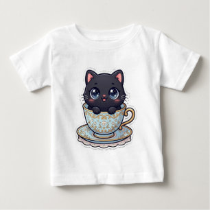 T-shirt Pour Bébé Mignon chat noir Kawaii dans une tasse à thé flora