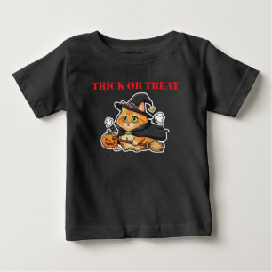 T-shirt Pour Bébé Mignon chat orange sorcière Halloween Citrouille F