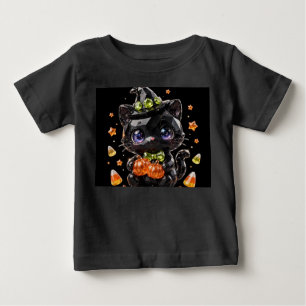 T-shirt Pour Bébé Mignon Chibi Crystal Chat Noir Sorcière Halloween