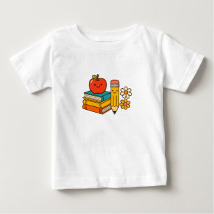 T-shirt Pour Bébé Mignon Rétro Rentree Scolaire Pomme et Livres Tout