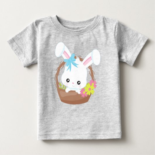 T-shirt Pour Bébé Mignonne lapin, Lapin Blanc, Lapin, Fleurs, Panier (Devant)