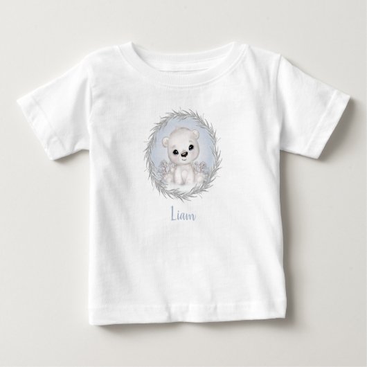 T-shirt Pour Bébé Mignonne Ours Polaire Bleu Nom Garçon d'hiver Bébé (Devant)