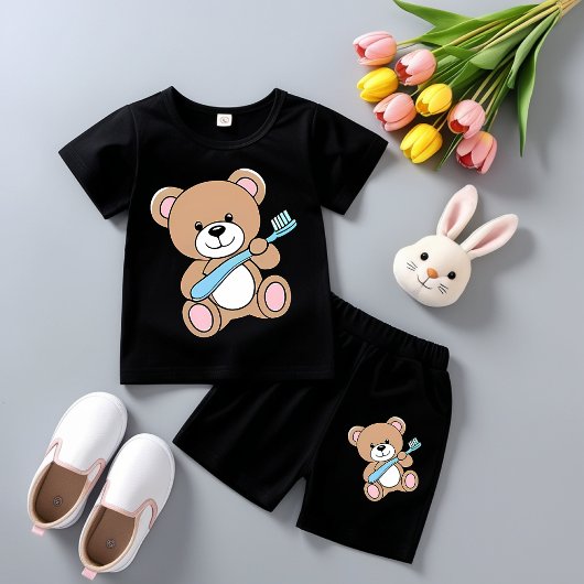 T-shirt Pour Bébé Mignonne Ours tenant Brosse à dents Tee