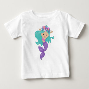 T-shirt Pour Bébé Mignonne Sirène, Petite Sirène, Cheveux Bleu, Fleu