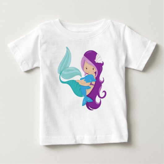 T-shirt Pour Bébé Mignonne Sirène, Petite Sirène, Cheveux pourpre, D (Devant)