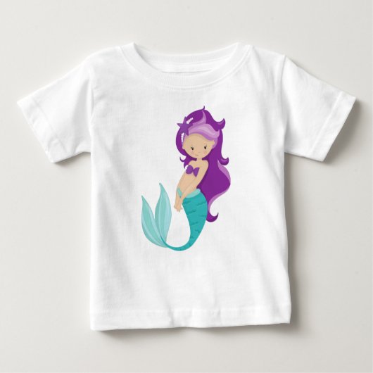 T-shirt Pour Bébé Mignonne Sirène, Petite Sirène, Cheveux pourpre, É (Devant)