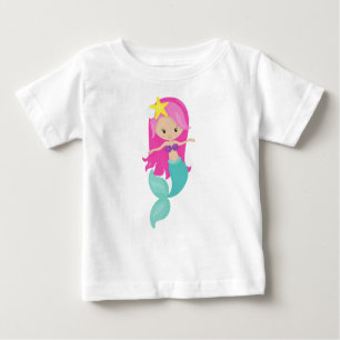 T-shirt Pour Bébé Mignonne Sirène, Petite Sirène, Cheveux Roses, Épi