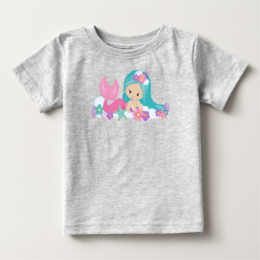 T-shirt Pour Bébé Mignonne Sirène, Petite Sirène, Fleurs, Cheveux Bl (Devant)
