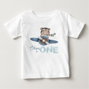 T-shirt Pour Bébé Mignonne Teddy Bear Blue Plane Un 1er Anniversaire