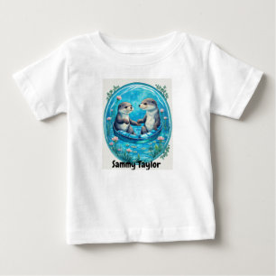 T-shirt Pour Bébé Mignonnes loutres dans l'eau bleue. Plaque d'eau m