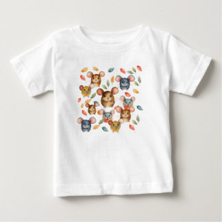 T-shirt Pour Bébé Mignons Souris à l'aquarelle et Motif de Feuilles
