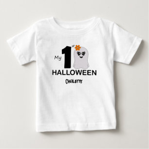 T-shirt Pour Bébé Mon 1er Halloween. Fantôme en feuille. Nom modifia