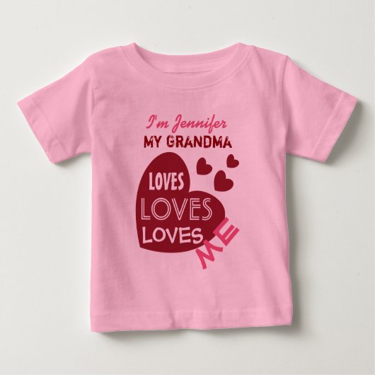 T-shirt Pour Bébé Mon GRANDMA m'aime Coeurs rouges Texte personnalis (Devant)