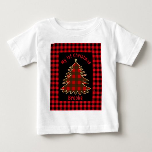 T-shirt Pour Bébé Mon premier bébé de Noël nom palaid rouge xmas (Devant)