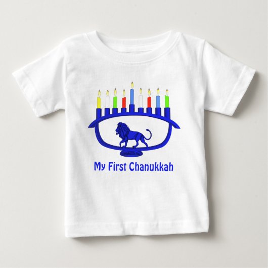 T-shirt Pour Bébé Mon premier Chanoukah - Lion bleu Menorah (Devant)