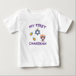 T-shirt Pour Bébé Mon premier Chanukah<br><div class="desc">Célébrez le premier Chanoukah de bébé avec une menorah Hanoukka personnalisée,  des dreidels et l'étoile juive avec adorable "My First Chanukah".</div>