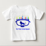 T-shirt Pour Bébé Mon premier Chanukkah Blue Lion Menorah<br><div class="desc">Doté d'une menorah Chanukkah sur le thème du lion avec les huit bougies et le shamash brûler. Le texte personnalisable "My First Chanukkah" apparaît également. Chanukkah est le "Festival des lumières" du milieu de l'hiver.</div>