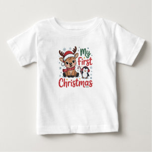 T-shirt Pour Bébé Mon Premier Manchot Renne de Noël avec Date