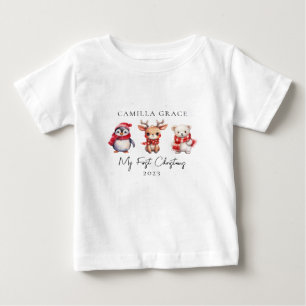 T-shirt Pour Bébé Mon premier Noël mignon Animaux 1er Noël Nom