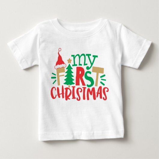 T-shirt Pour Bébé Mon premier Noël Père Noël Arbre Rouge Vert (Devant)