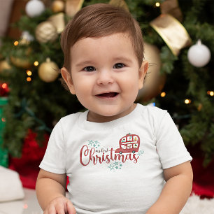 T-shirt Pour Bébé Mon premier Noël Père Noël Bus Rouge Script