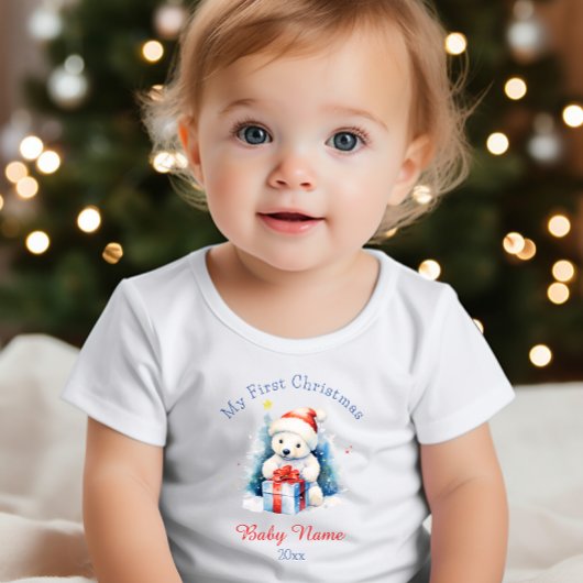T-shirt Pour Bébé Mon premier Ours Polaire de Noël Blanc Nom personn