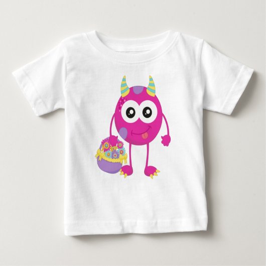 T-shirt Pour Bébé Monstre De Printemps, Monstre Rose, Cornes, Fleurs (Devant)