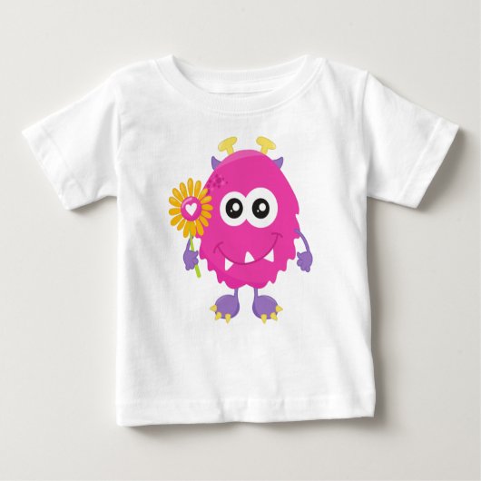 T-shirt Pour Bébé Monstre de printemps, Monstre rose, Fleurs, Cornes (Devant)