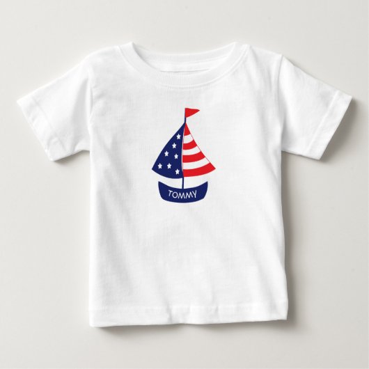 T-shirt Pour Bébé Nautical Red Blue Sailboat Nom personnalisé (Devant)