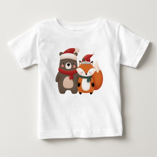 T-shirt Pour Bébé Noël/hiver Mignonne Ours et renard (Devant)