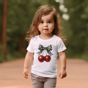 T-shirt Pour Bébé Nœud à carreaux noir et blanc avec cerises