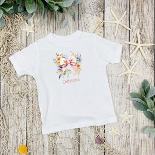 T-shirt Pour Bébé Nœud Rose Monogramme Coquette Fleurs Aquarelle