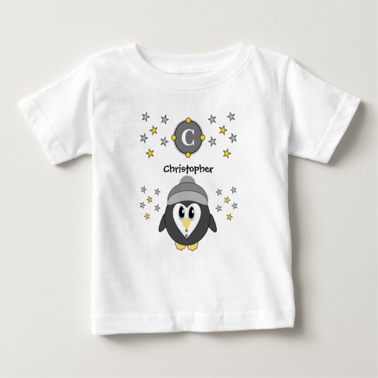 T-shirt Pour Bébé Nom de pingouin mignon étoiles gris jaune (Devant)