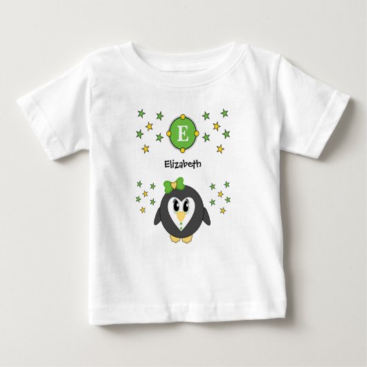 T-shirt Pour Bébé Nom de pingouin mignon étoiles jaune vert (Devant)