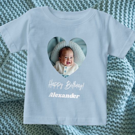 T-shirt Pour Bébé Nom du coeur de photo anniversaire bleu garçon