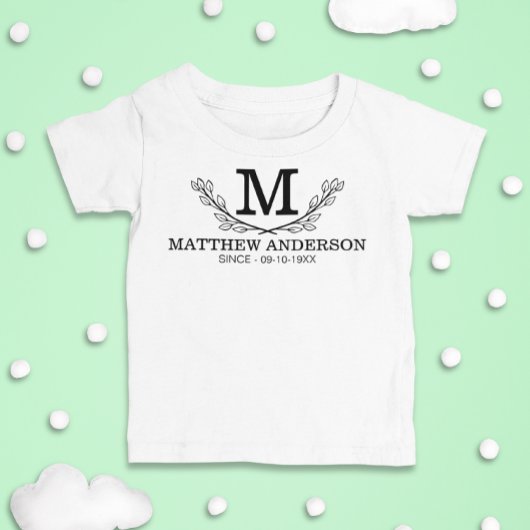 T-shirt Pour Bébé Nom noir et blanc personnalisé Monogramme Age