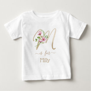 T-shirt Pour Bébé Nom personnalisé Faux Gold Fleurs d'aquarelle init