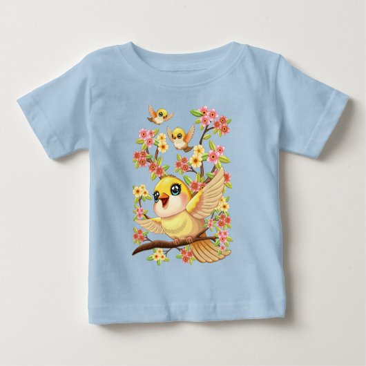 T-shirt Pour Bébé Oiseaux mignons et heureux parmi les fleurs du pri (Devant)