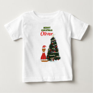 T-shirt Pour Bébé Oliver habillé en Père Noël par son arbre de Noël